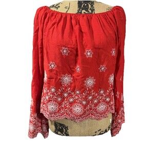 Misguided Bardot Crop Top Red Embroidered Bell Sleeve New With Tags Size 6